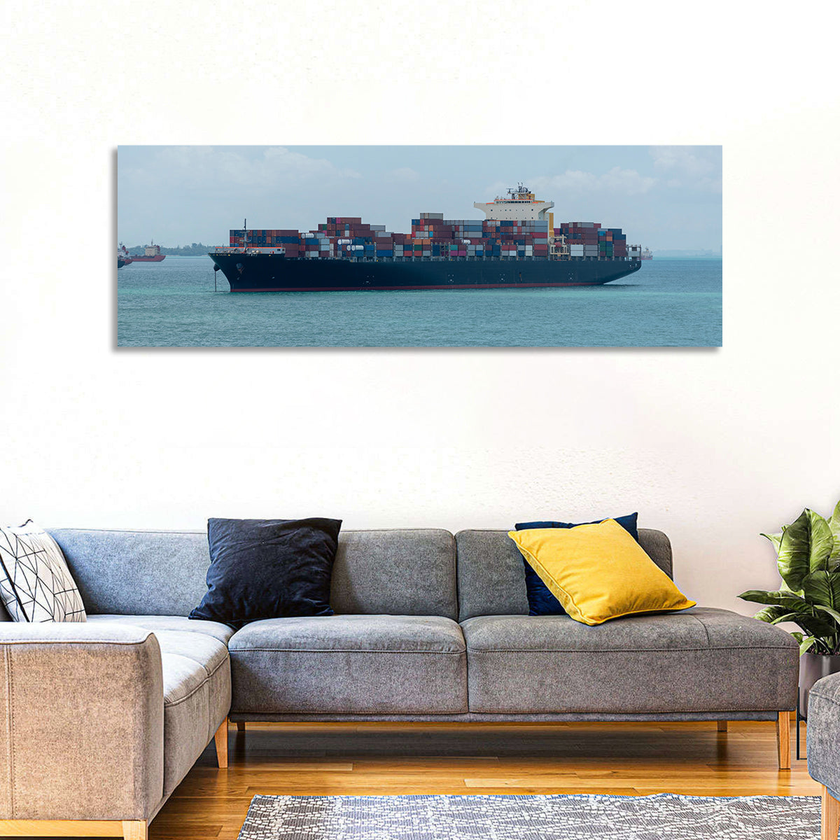 Harbor Container Ship at Sea Wall Art in a room, panoramic