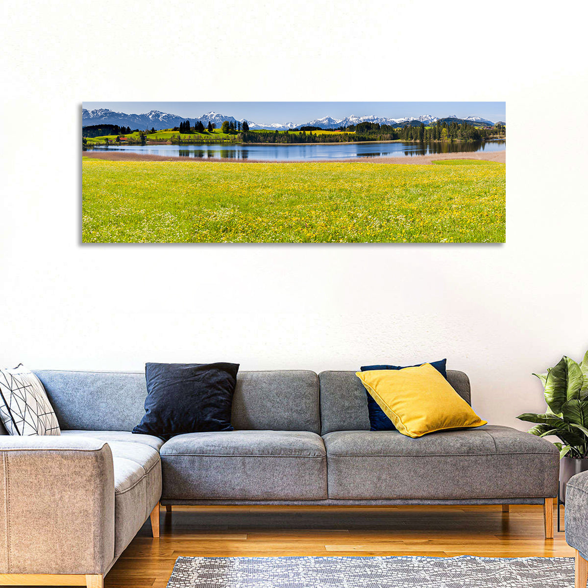 Alpine Lake Meadow with Dandelions Wall Art in a room, panoramic