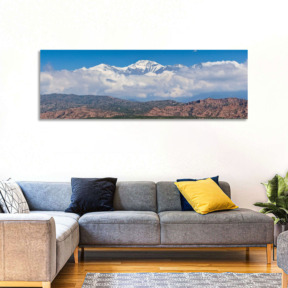 El Plata Snowcapped Peaks Above Cloud Deck Wall Art in a room, panoramic