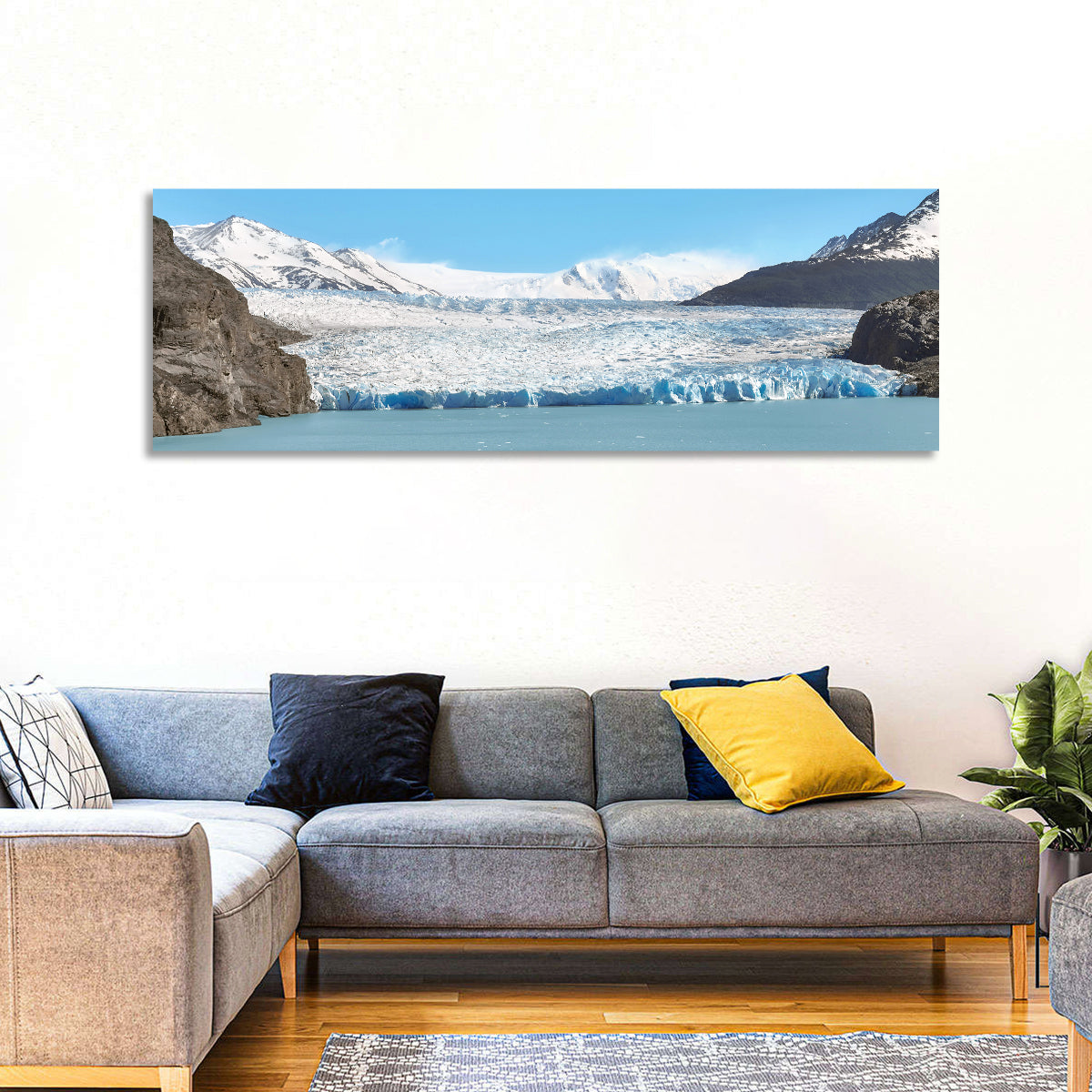Grey Glacier and Blue Glacial Lake Wall Art in a room, panoramic