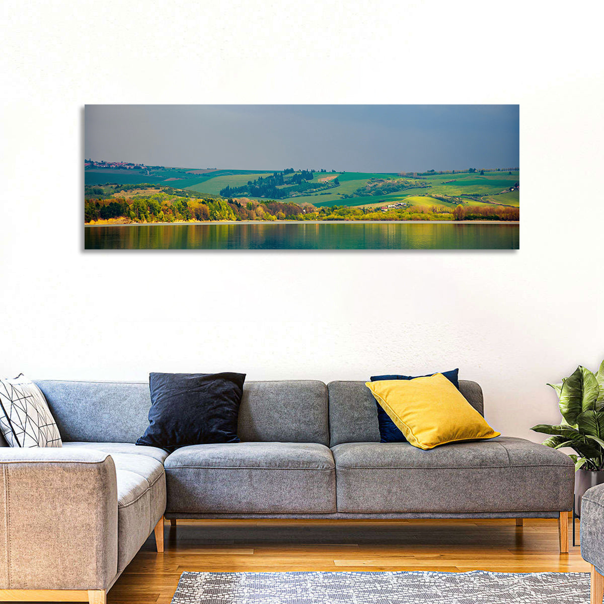 Liptovska Mara Lake Reflection Wall Art in a room, panoramic