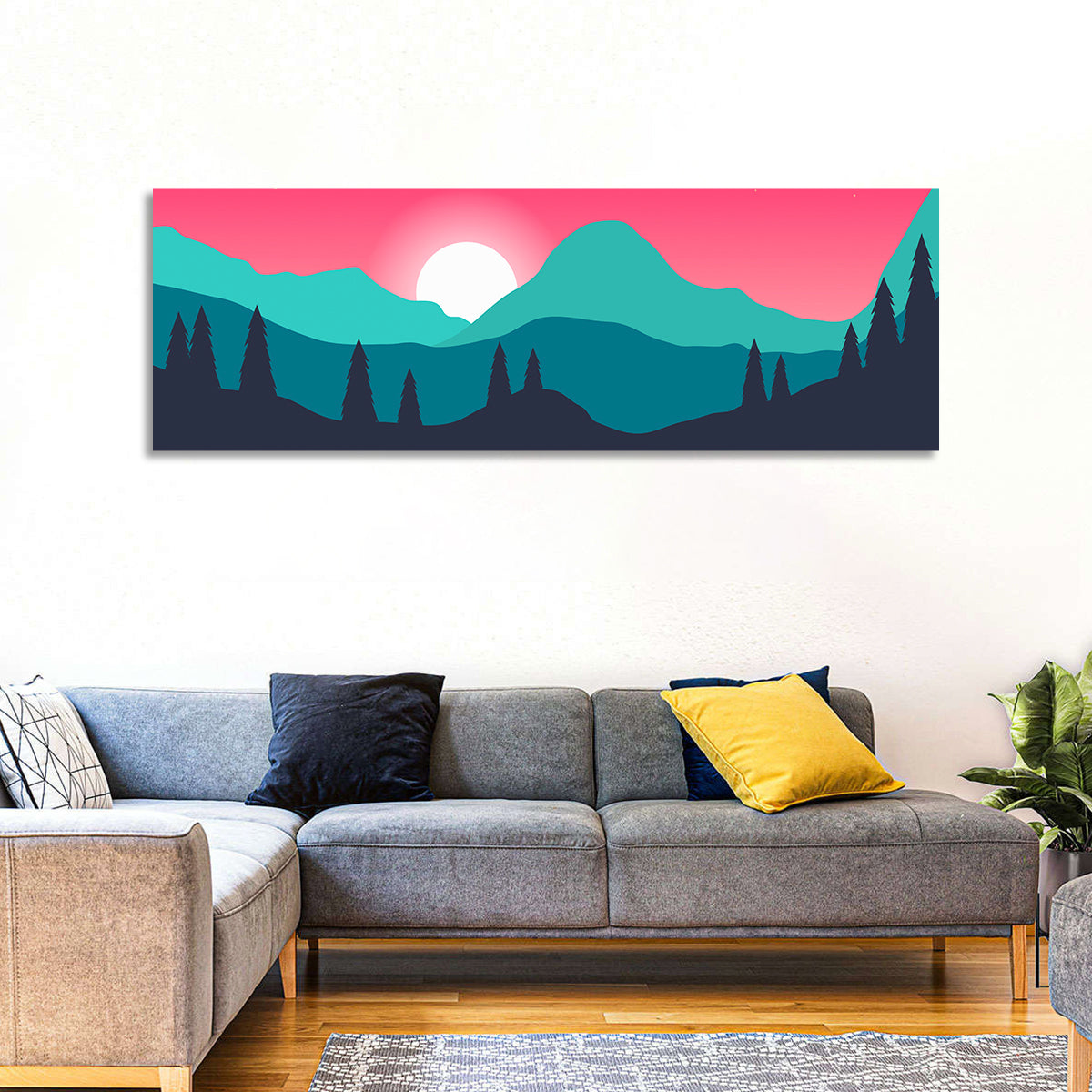 Turquoise and Pink Mountain Sunset Wall Art in a room, panoramic