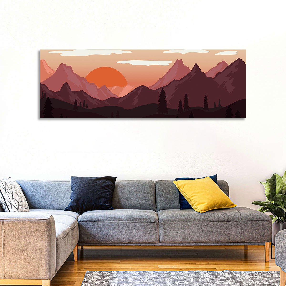 Mars Sunset Over Mountains Wall Art in a room, panoramic