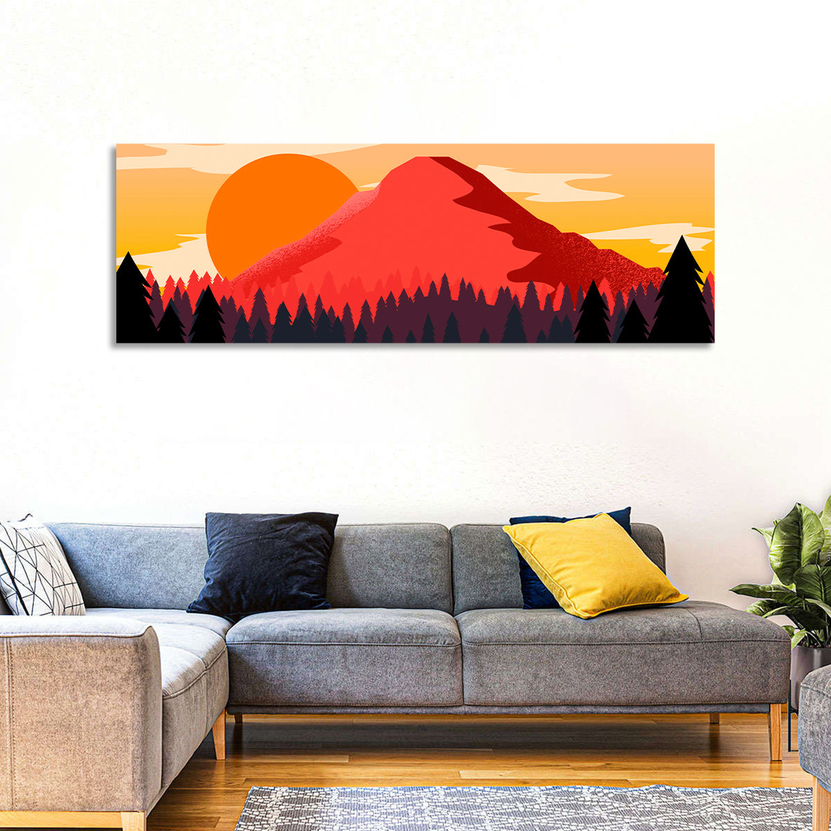 Stippled Red Mountain Sunset Wall Art in a room, panoramic