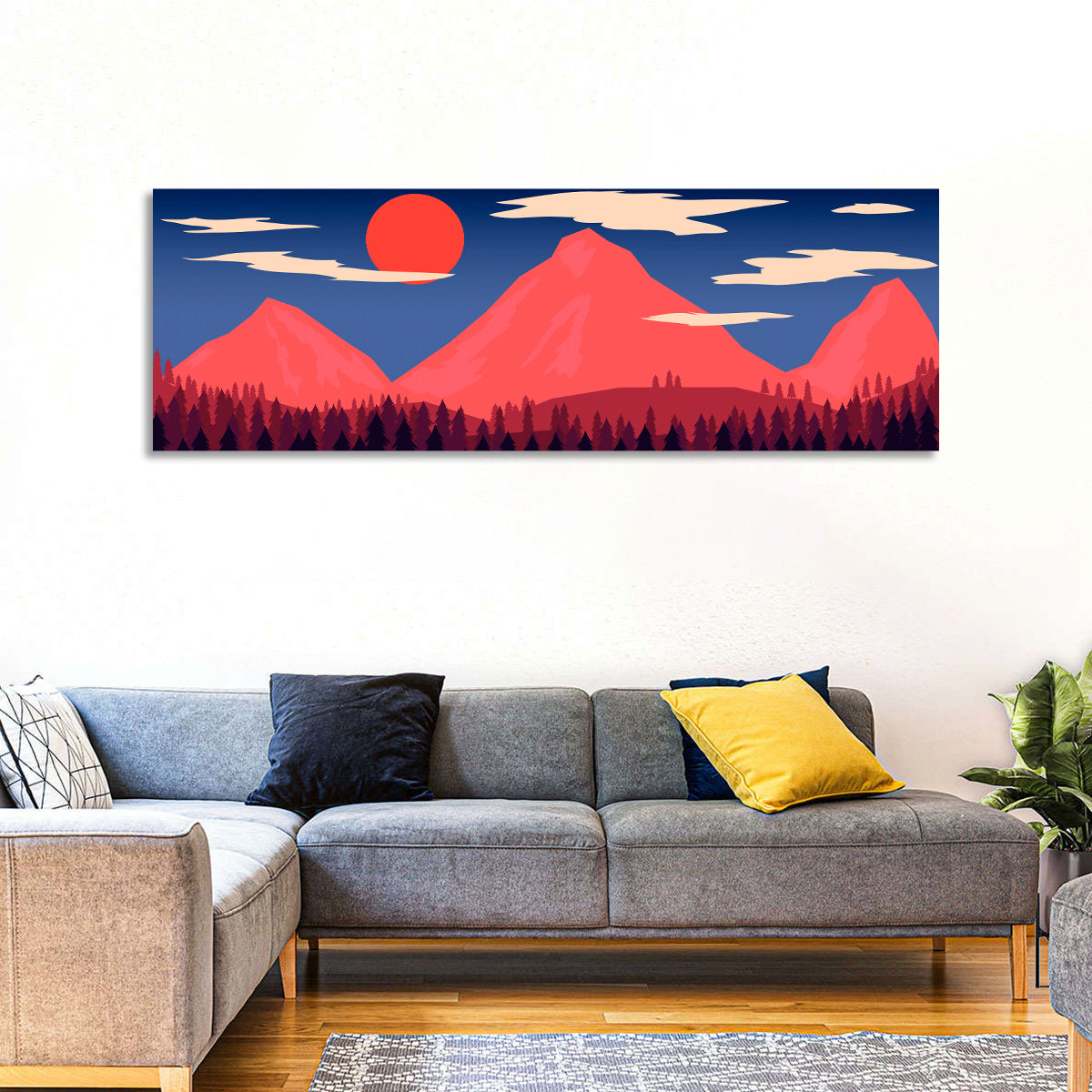 Crimson Sun Over Blue Mountains Wall Art in a room, panoramic