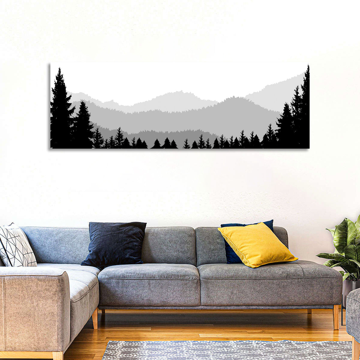 Foggy Mountain Silhouettes Wall Art in a room, panoramic