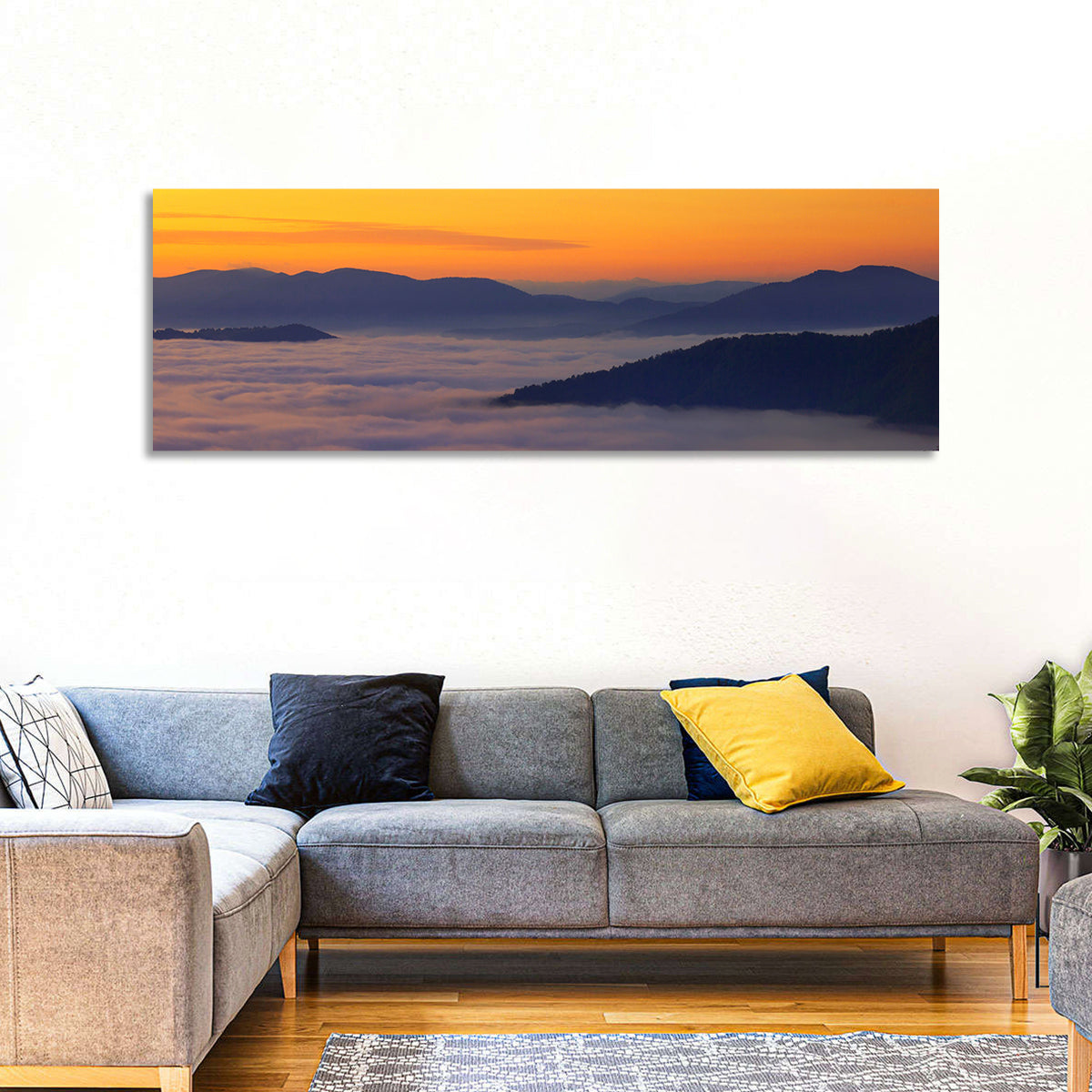 Cloud Sea Over Mountains at Golden Dawn Wall Art in a room, panoramic