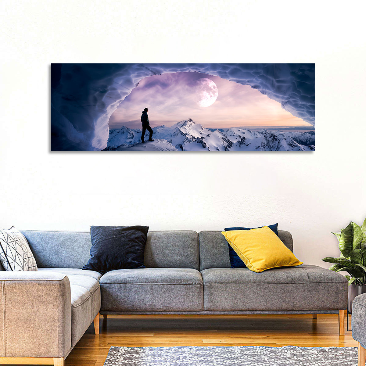 Moonlit Ice Cave Hiker Wall Art in a room, panoramic