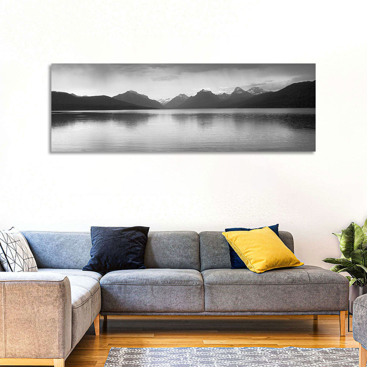 Lake Mcdonald Monochrome Reflection Wall Art in a room, panoramic