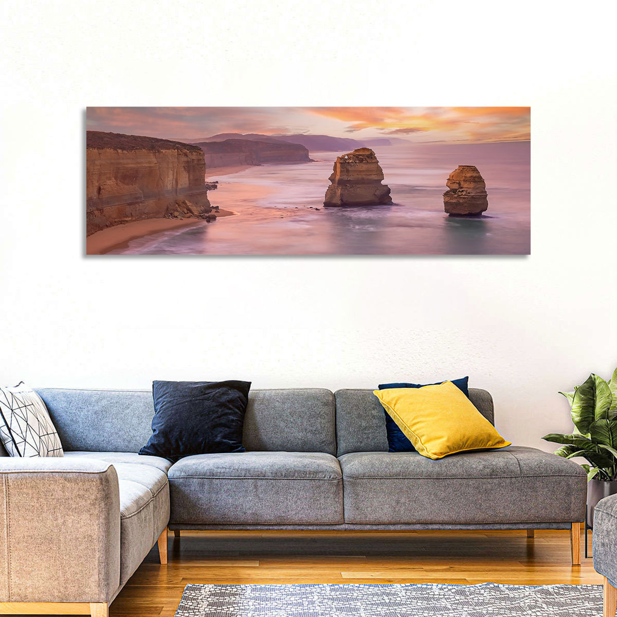 Twelve Apostles Sunset Sea Stacks Wall Art in a room, panoramic