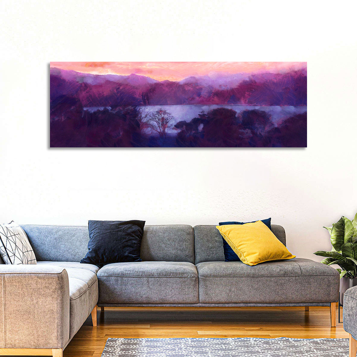 Forest Lake at Dusk Wall Art in a room, panoramic