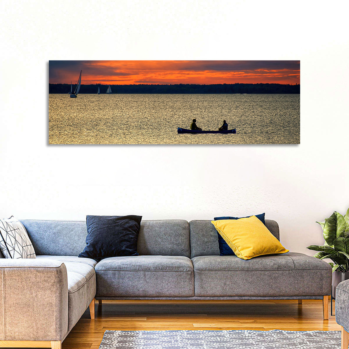 Ottawa River Sunset Canoe Wall Art in a room, panoramic