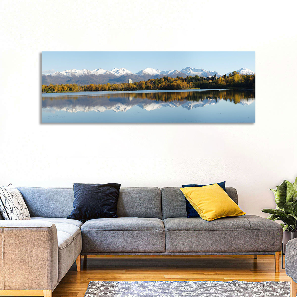 Anchorage Autumn Reflection and Chugach Mountains Wall Art in a room, panoramic
