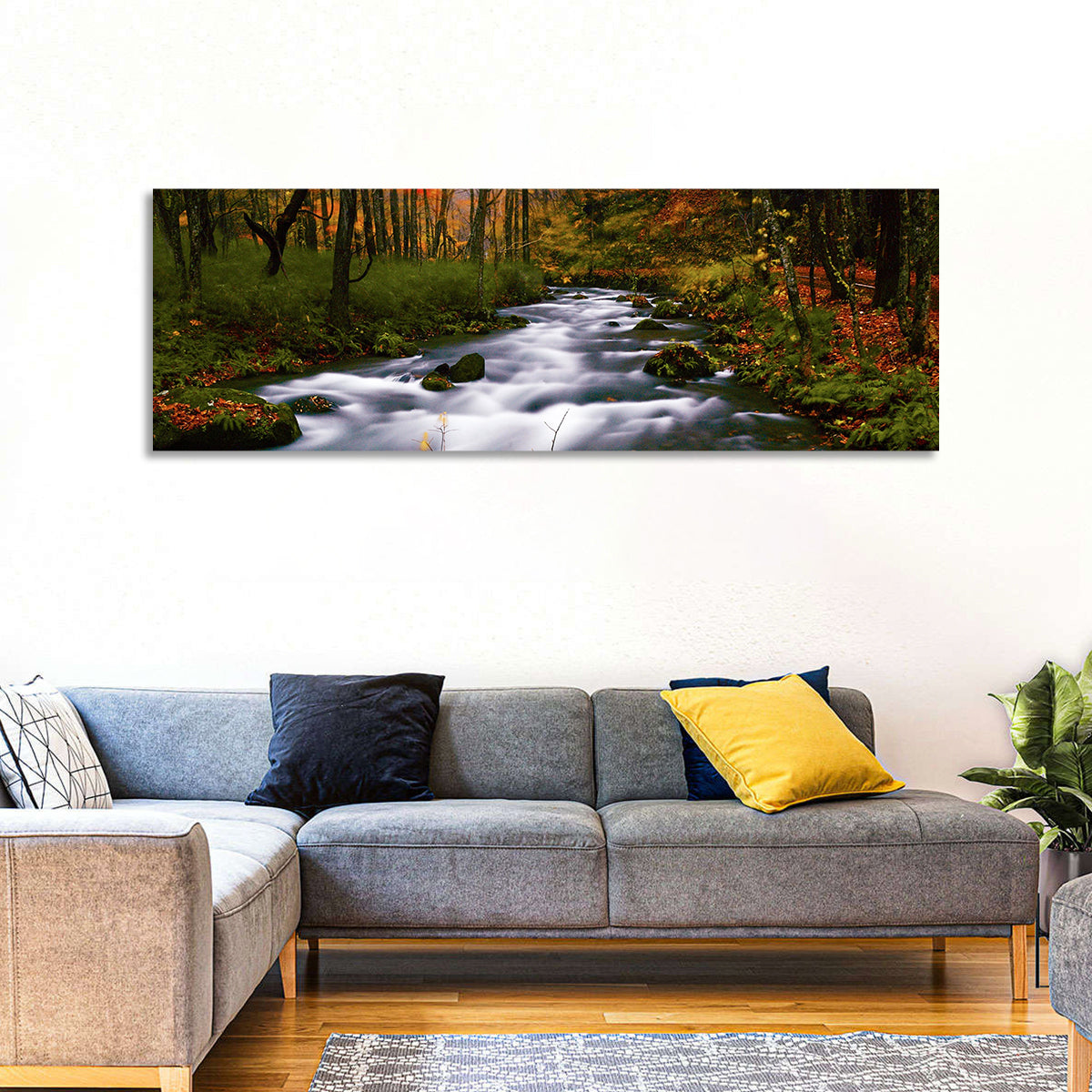 Autumn Forest Stream Wall Art in a room, panoramic