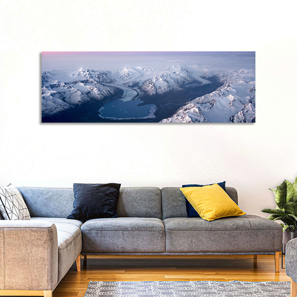 Lake George Alpenglow Wall Art in a room, panoramic