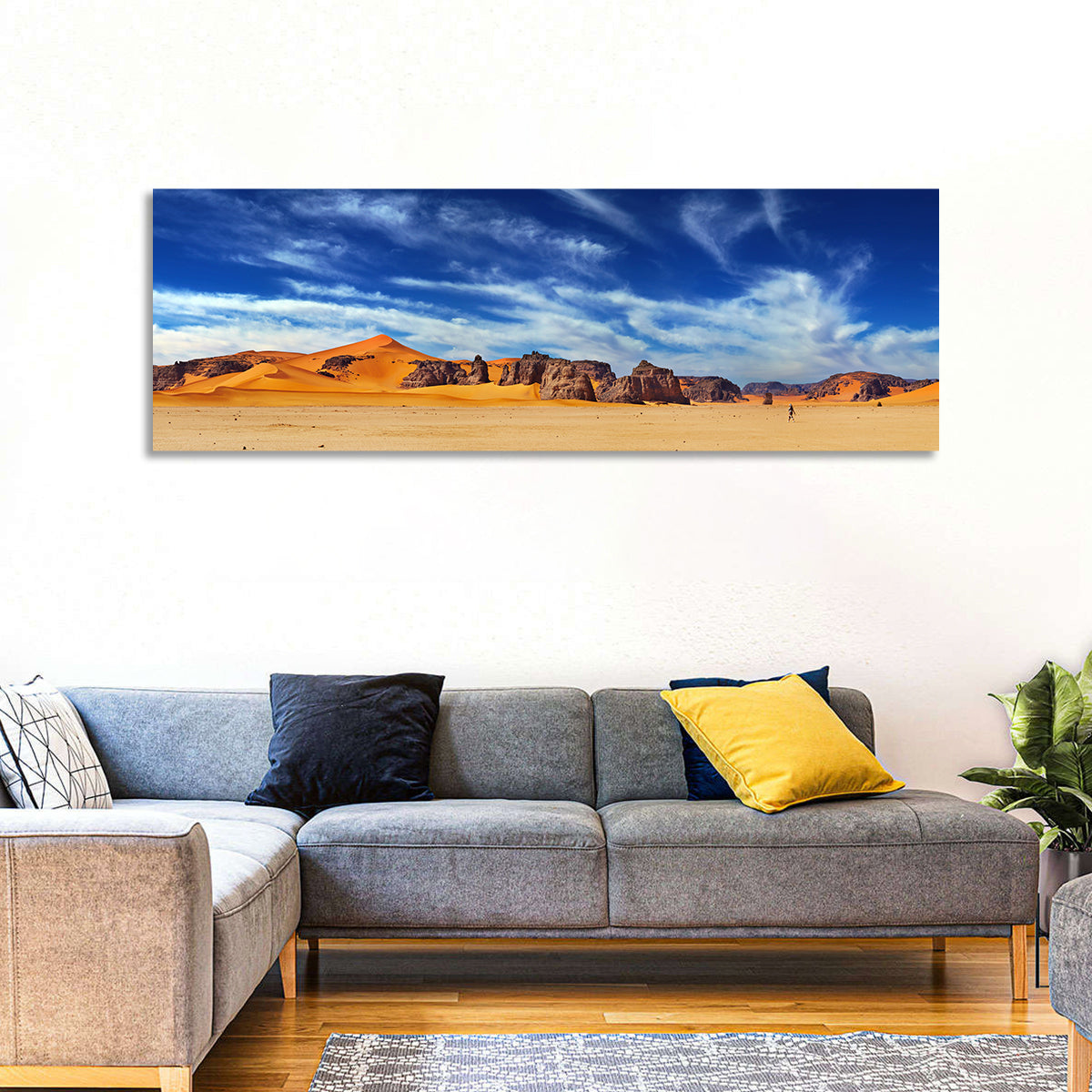Sahara Sand Dunes Vista Wall Art in a room, panoramic