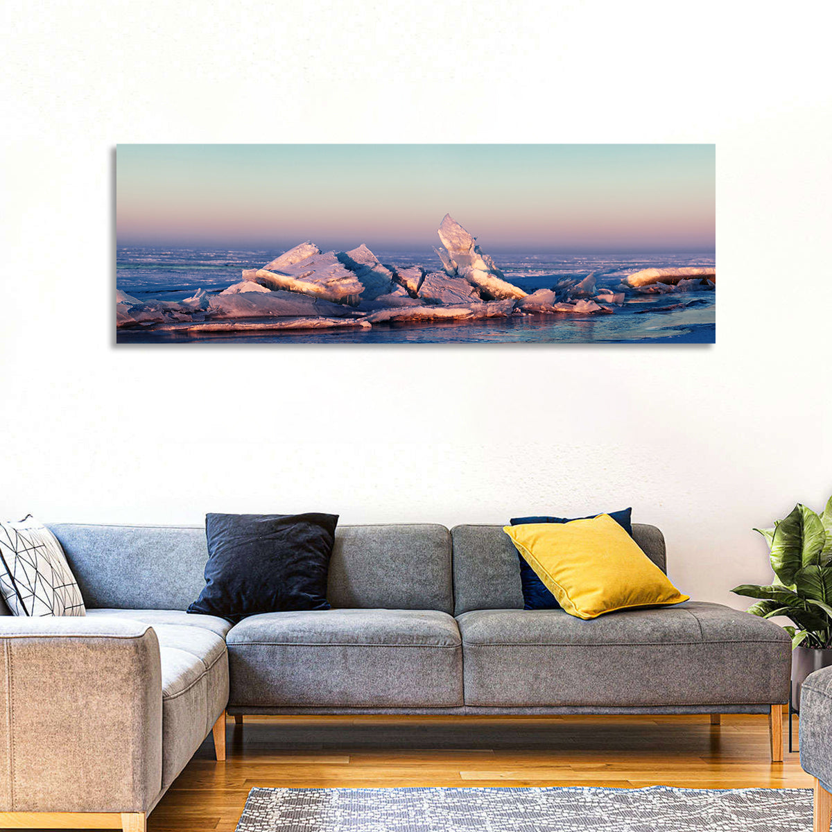 Lake Balkhash Ice Hummocks Wall Art in a room, panoramic
