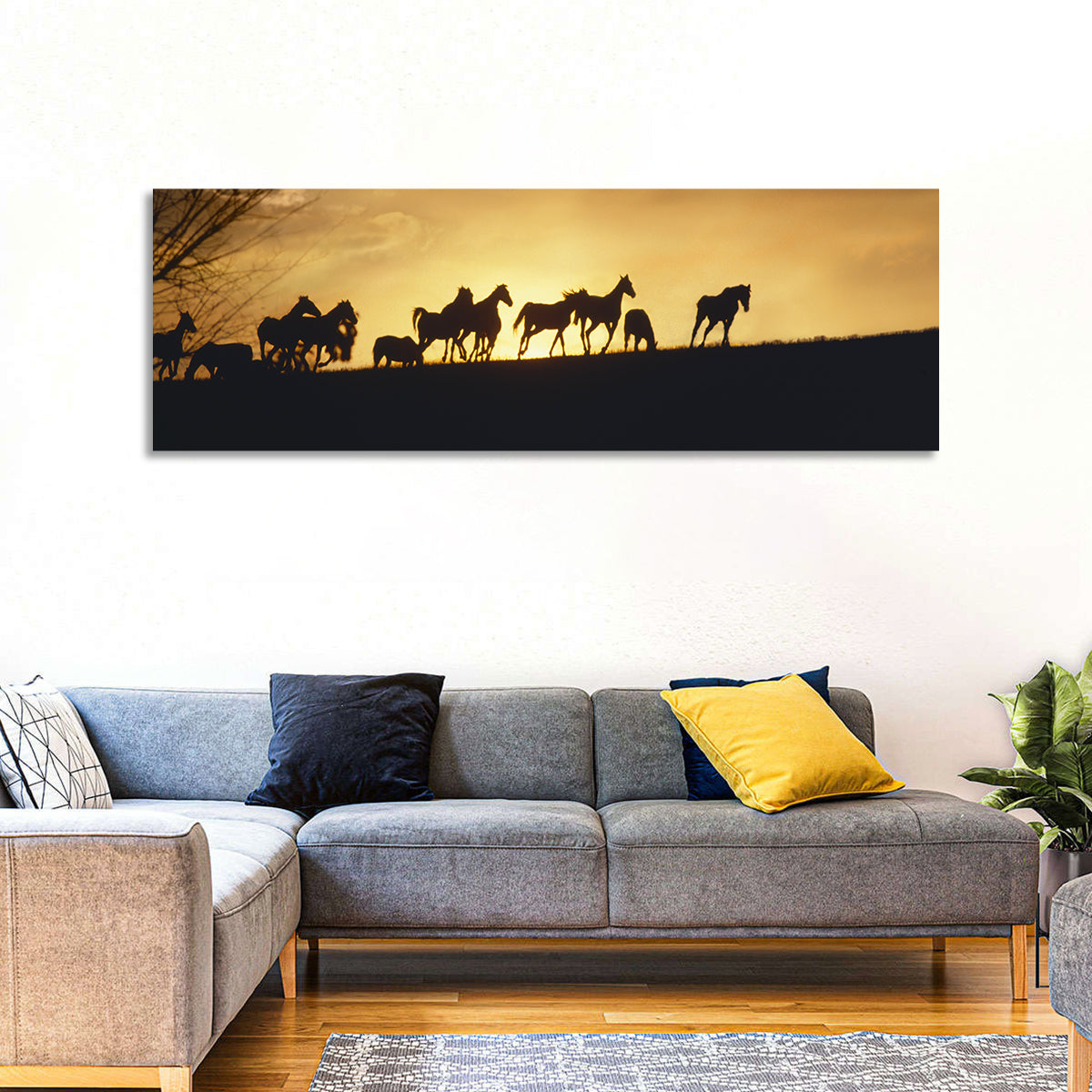 Mustang Silhouettes at Sunset Wall Art in a room, panoramic
