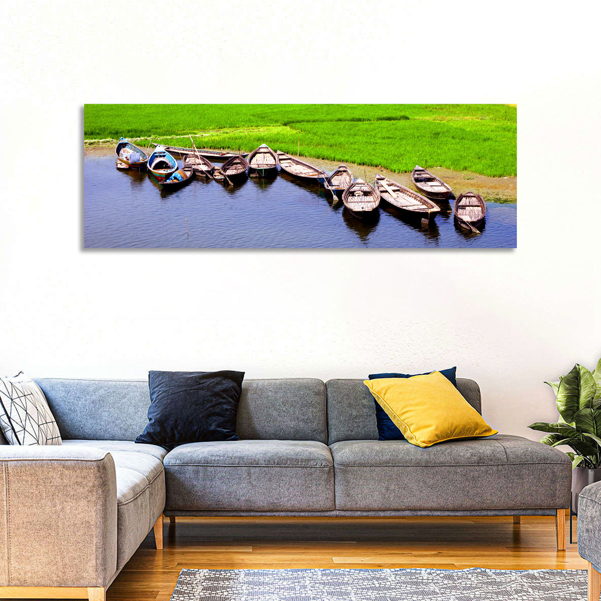 Boats at the Shoreline Wall Art in a room, panoramic