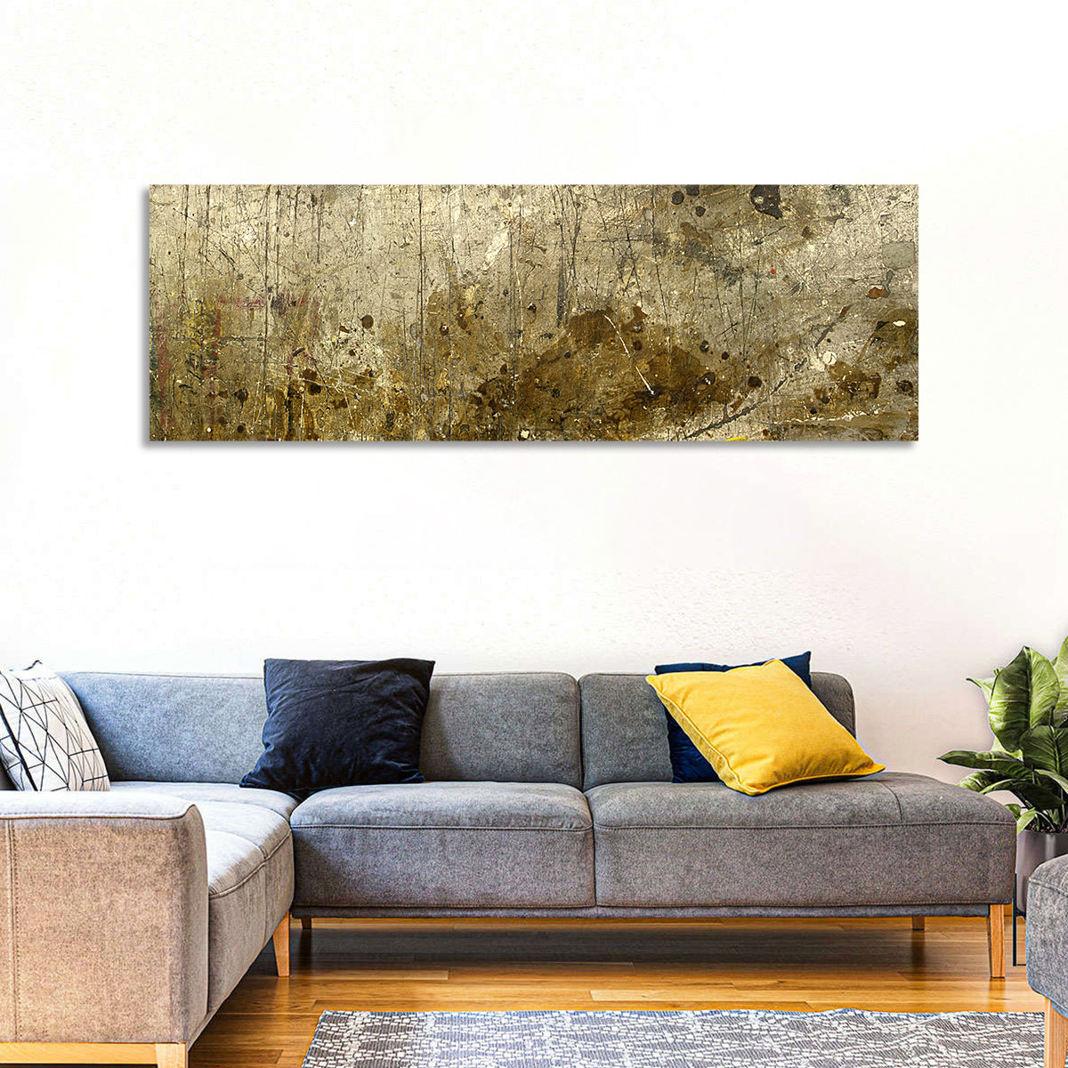 Gold Leaf Workbench Texture Abstract Wall Art in a room, panoramic