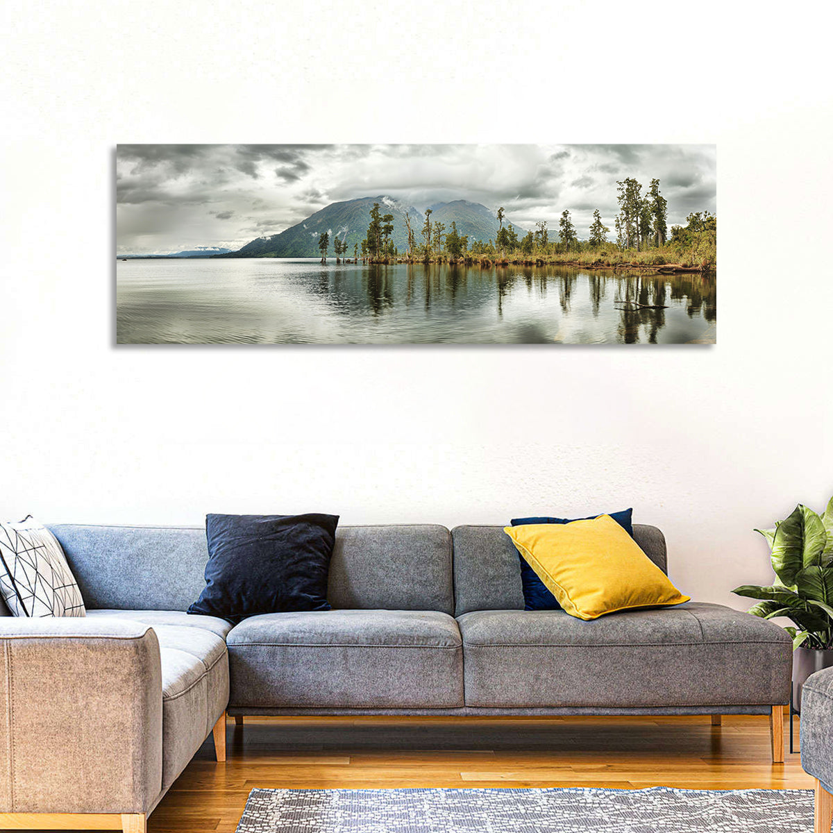 Lake Brunner Reflections Wall Art in a room, panoramic