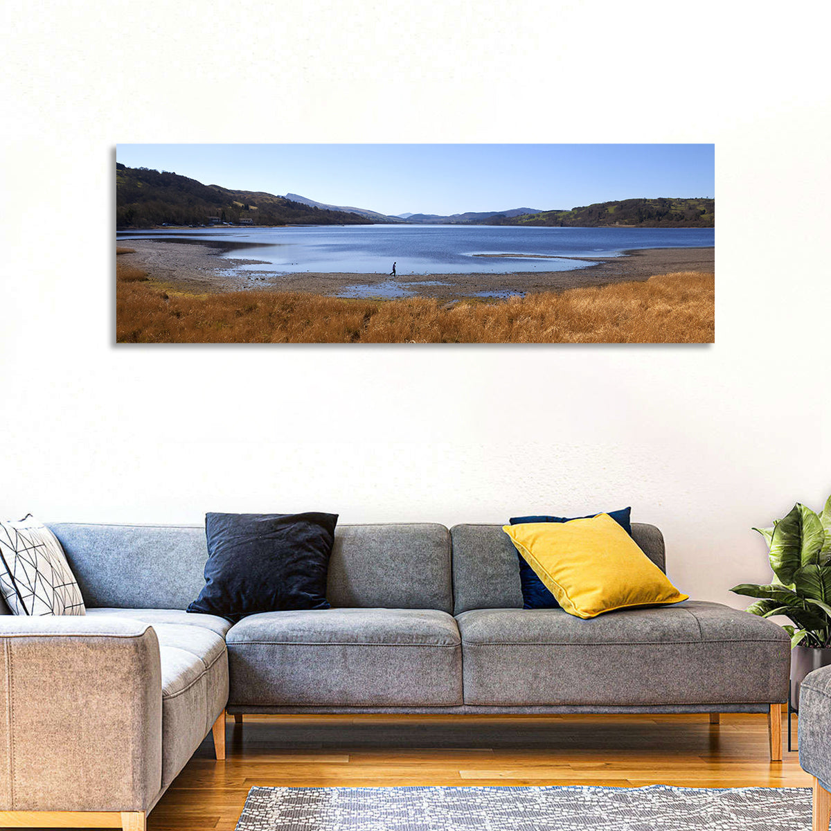 Bala Lake Shoreline Wall Art in a room, panoramic