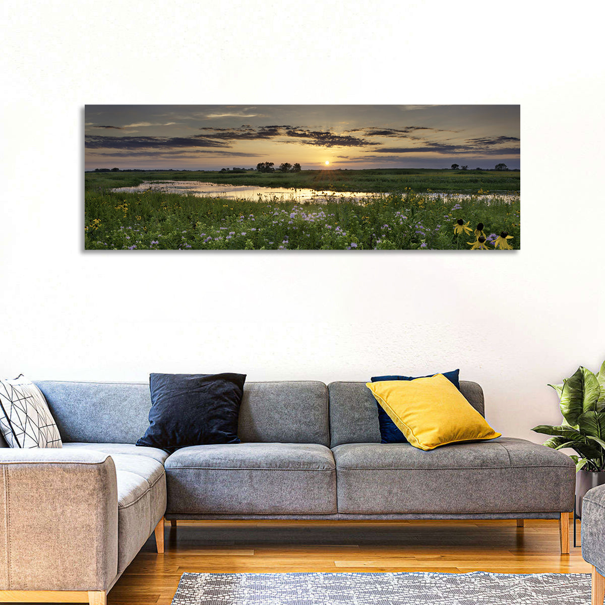 Illinois Fields Sunset Wall Art in a room, panoramic