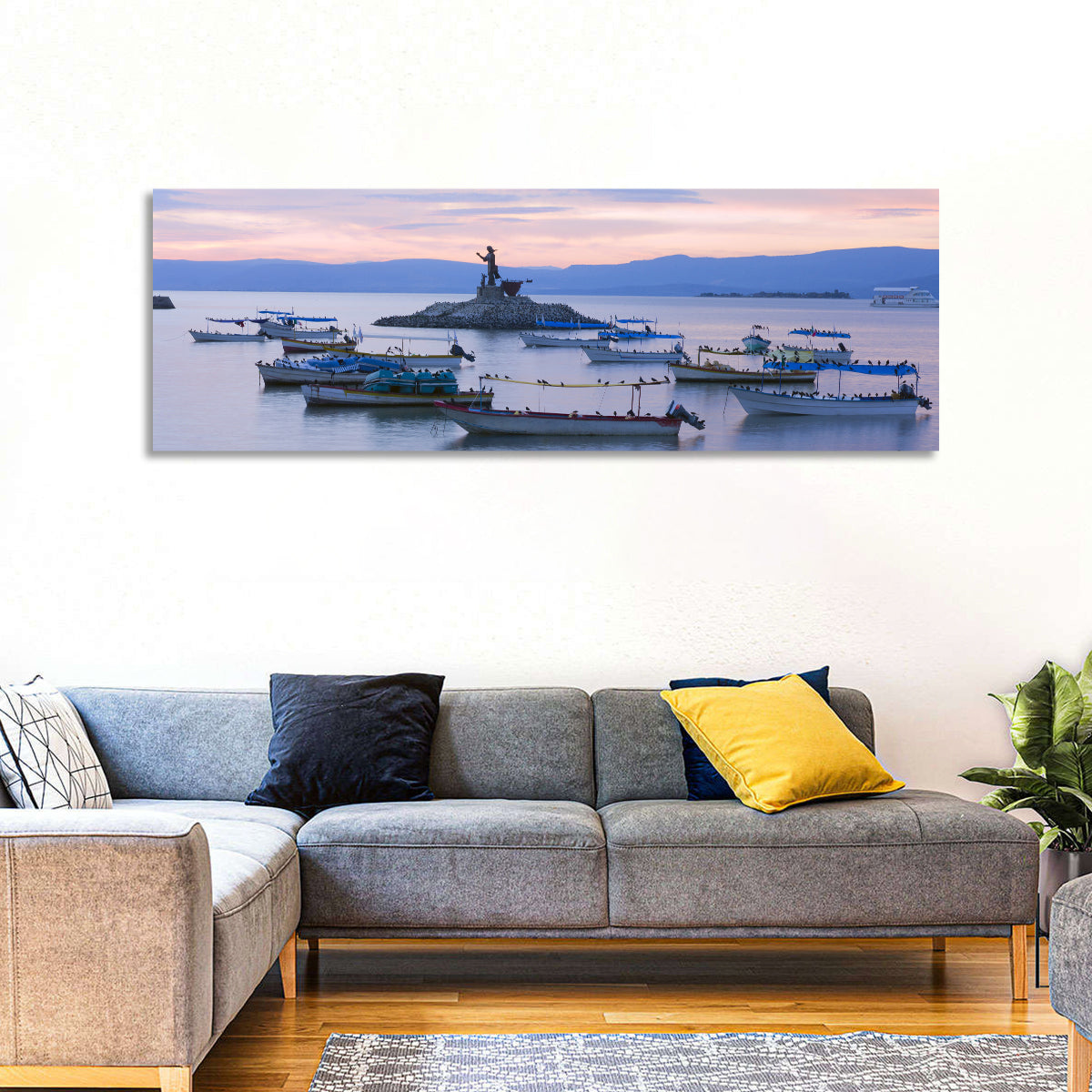 Lake Chapala Islet Sunrise Wall Art in a room, panoramic