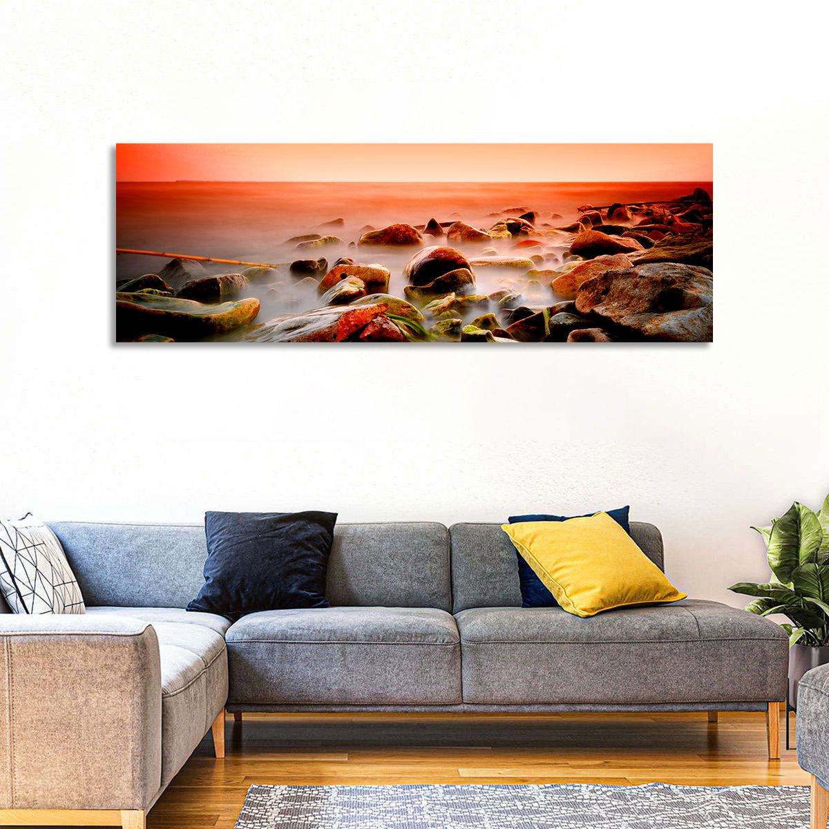 Lake Shore Sunset Wall Art in a room, panoramic