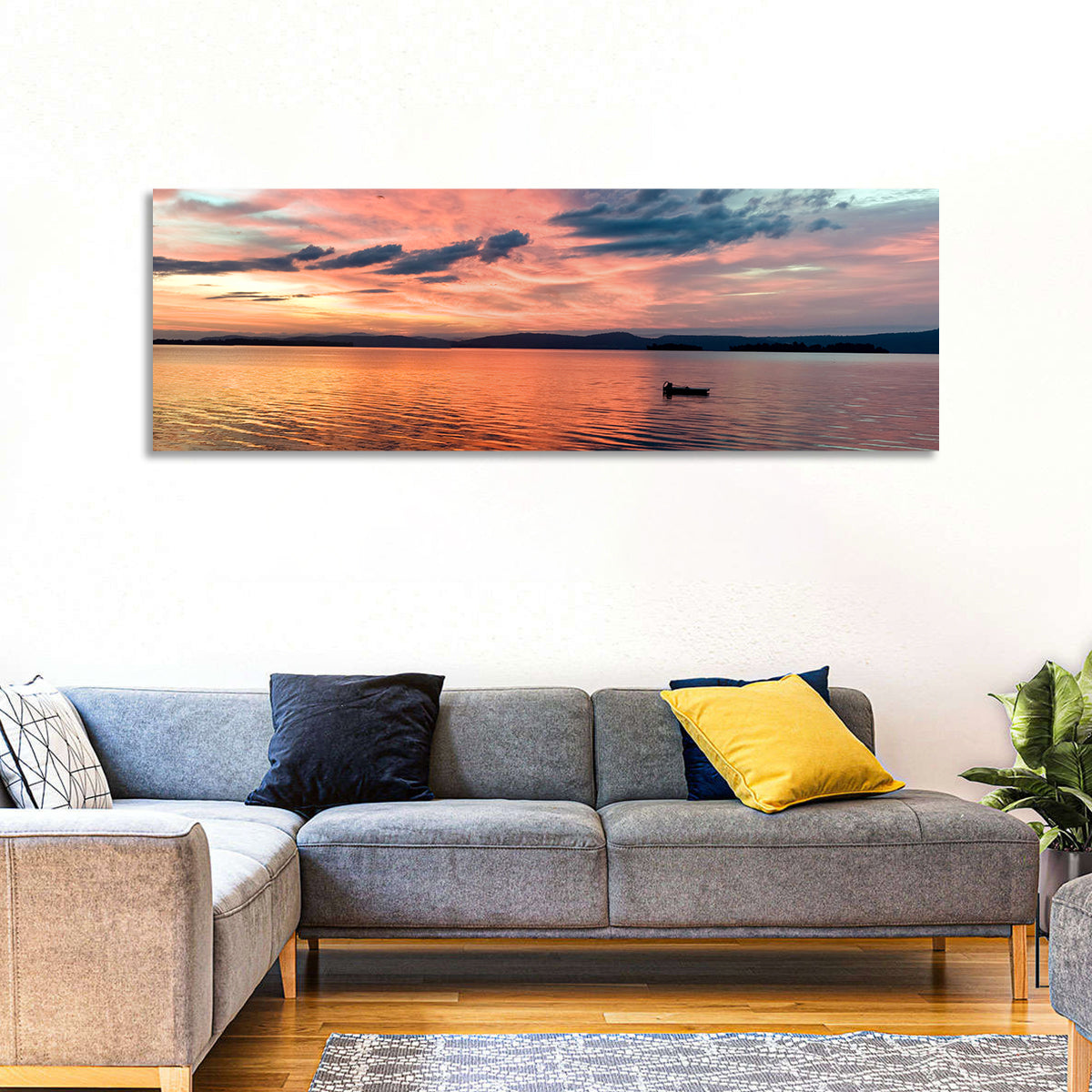 Lake Champlain Sunset Wall Art in a room, panoramic