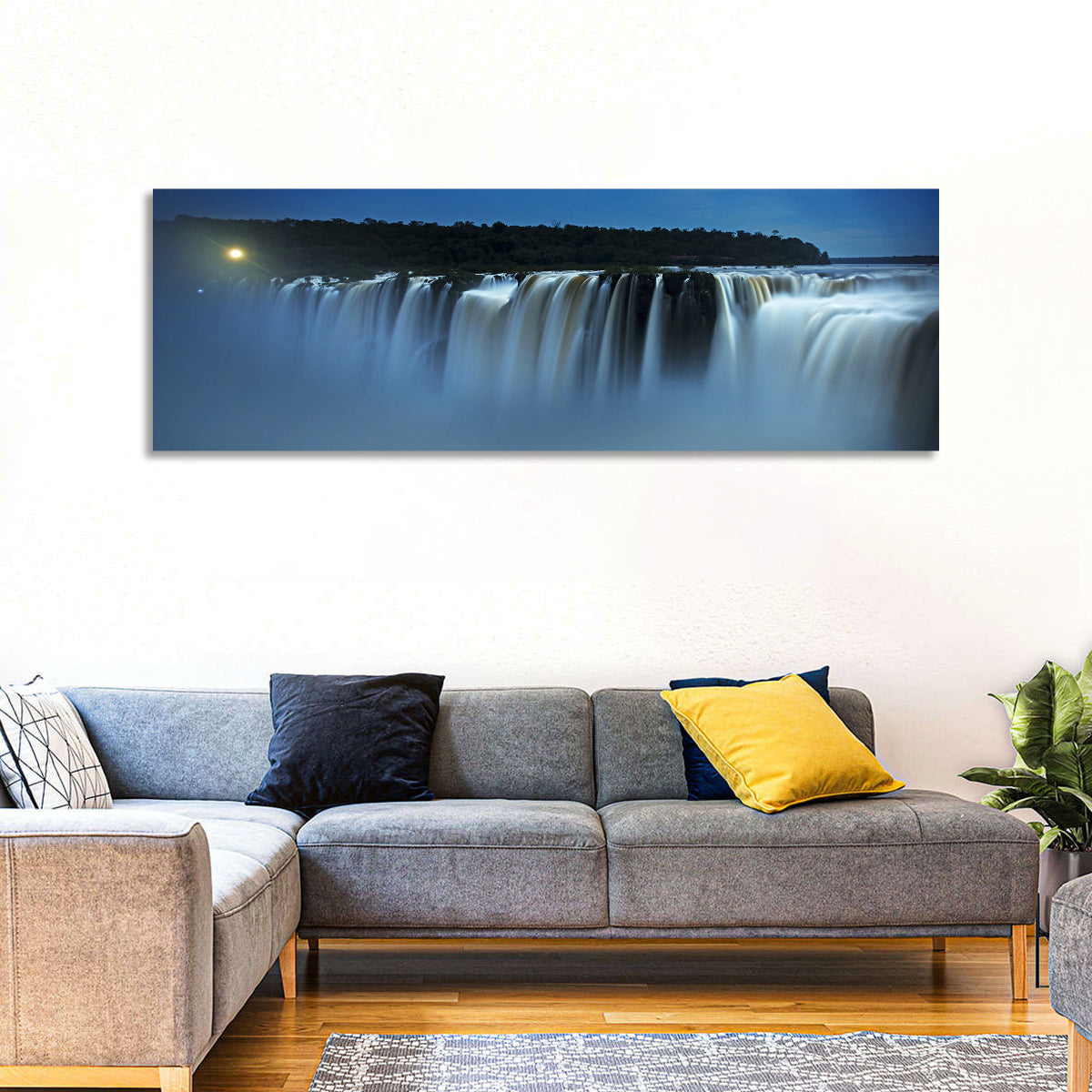 Moonlit Iguazu Falls Wall Art in a room, panoramic