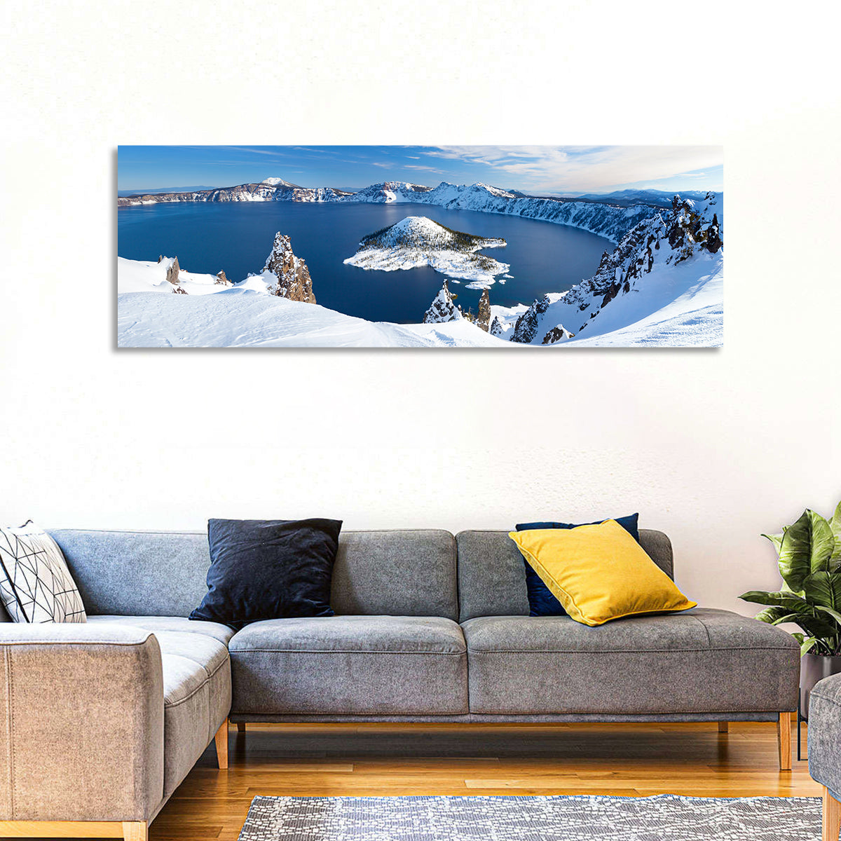 Crater Lake with Wizard Island Wall Art in a room, panoramic