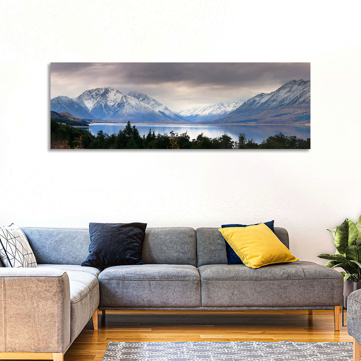 Lake Ohau Reflection Wall Art in a room, panoramic