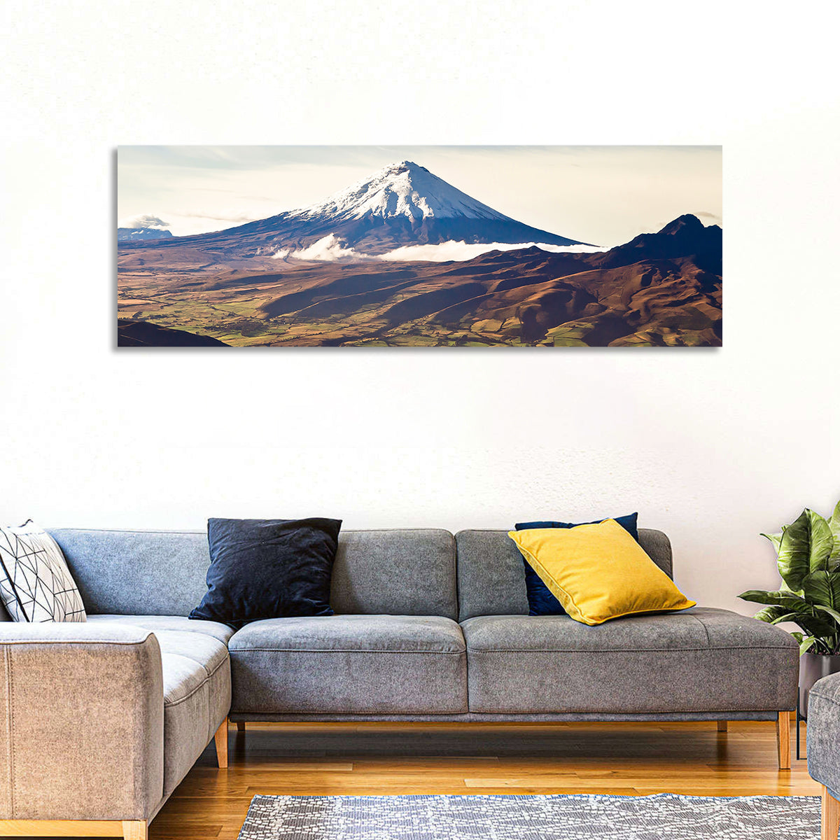 Cotopaxi Volcano Landscape Wall Art in a room, panoramic