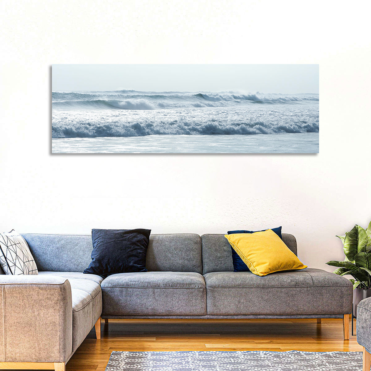 Misty Horizon Ocean Waves Wall Art in a room, panoramic