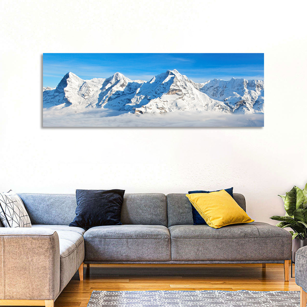 Eiger, Mönch and Jungfrau Peaks Wall Art in a room, panoramic