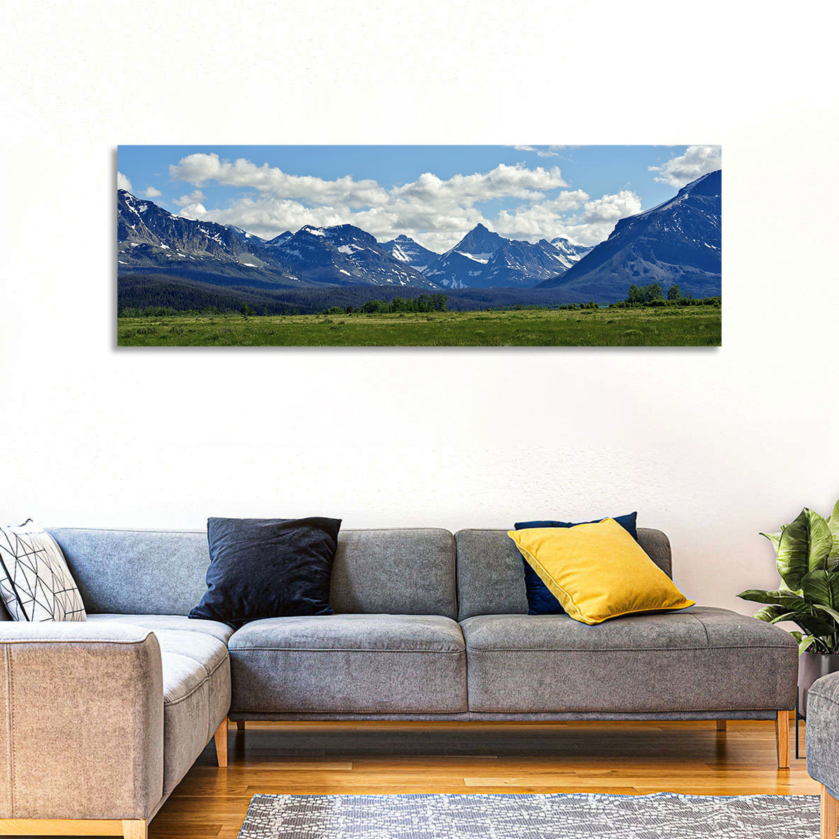 Montana Rocky Mountains Wall Art in a room, panoramic