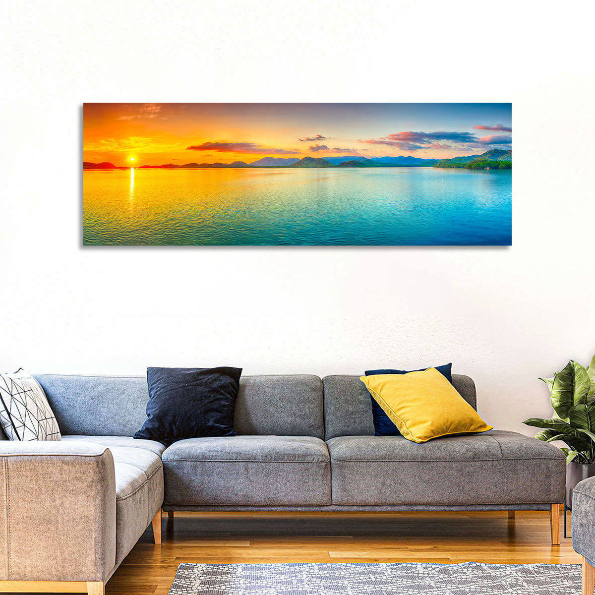 Golden Lake Sunrise Wall Art in a room, panoramic
