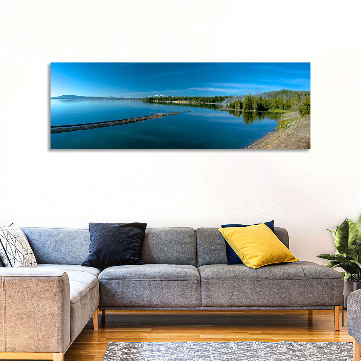 Yellowstone Lake Shore Wall Art in a room, panoramic
