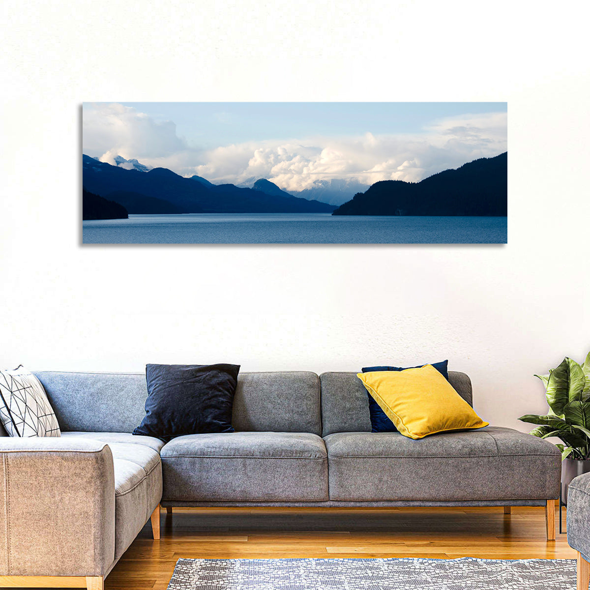 Harrison Lake Morning Clouds Wall Art in a room, panoramic
