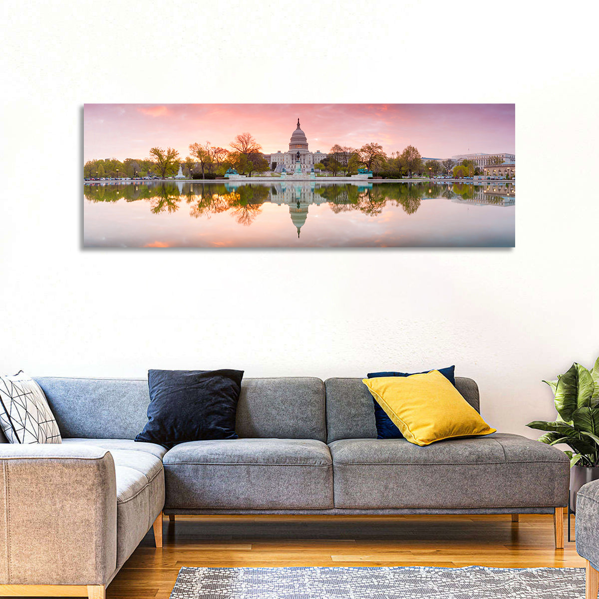 United States Capitol Sunrise Reflection Wall Art in a room, panoramic