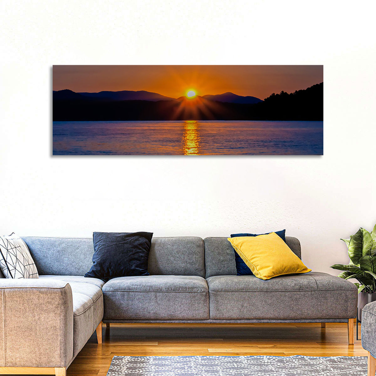 Lake Jocassee Golden Sunrise Wall Art in a room, panoramic