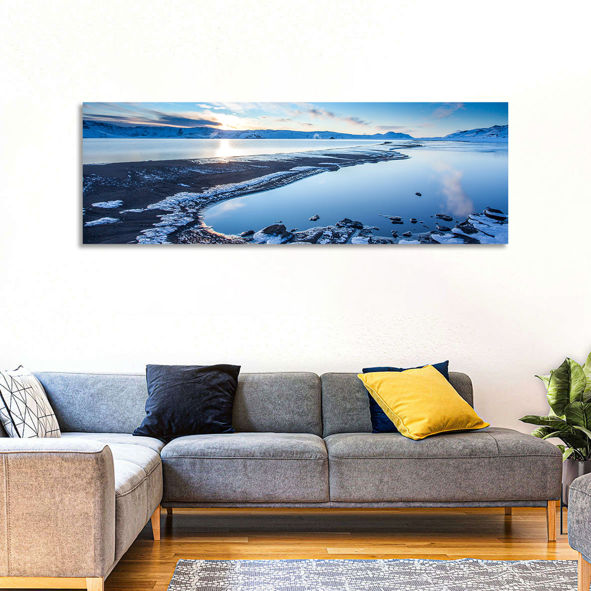 Lake Kleifarvatn Icy Shoreline Wall Art in a room, panoramic