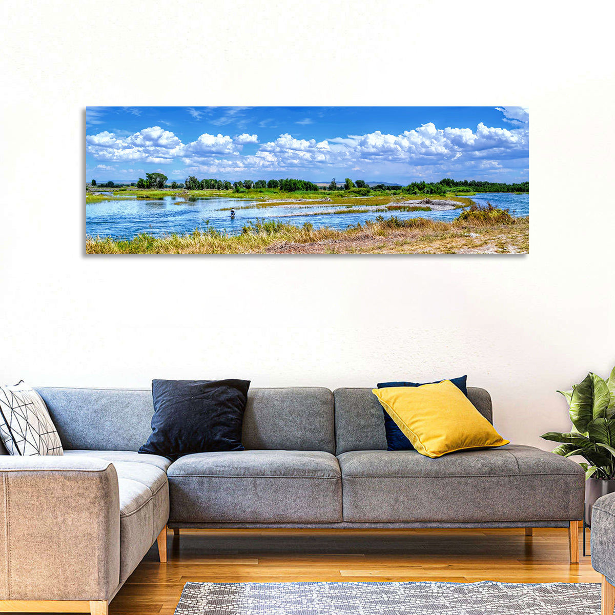 Snake River Fly Fishing, Idaho Wall Art in a room, panoramic