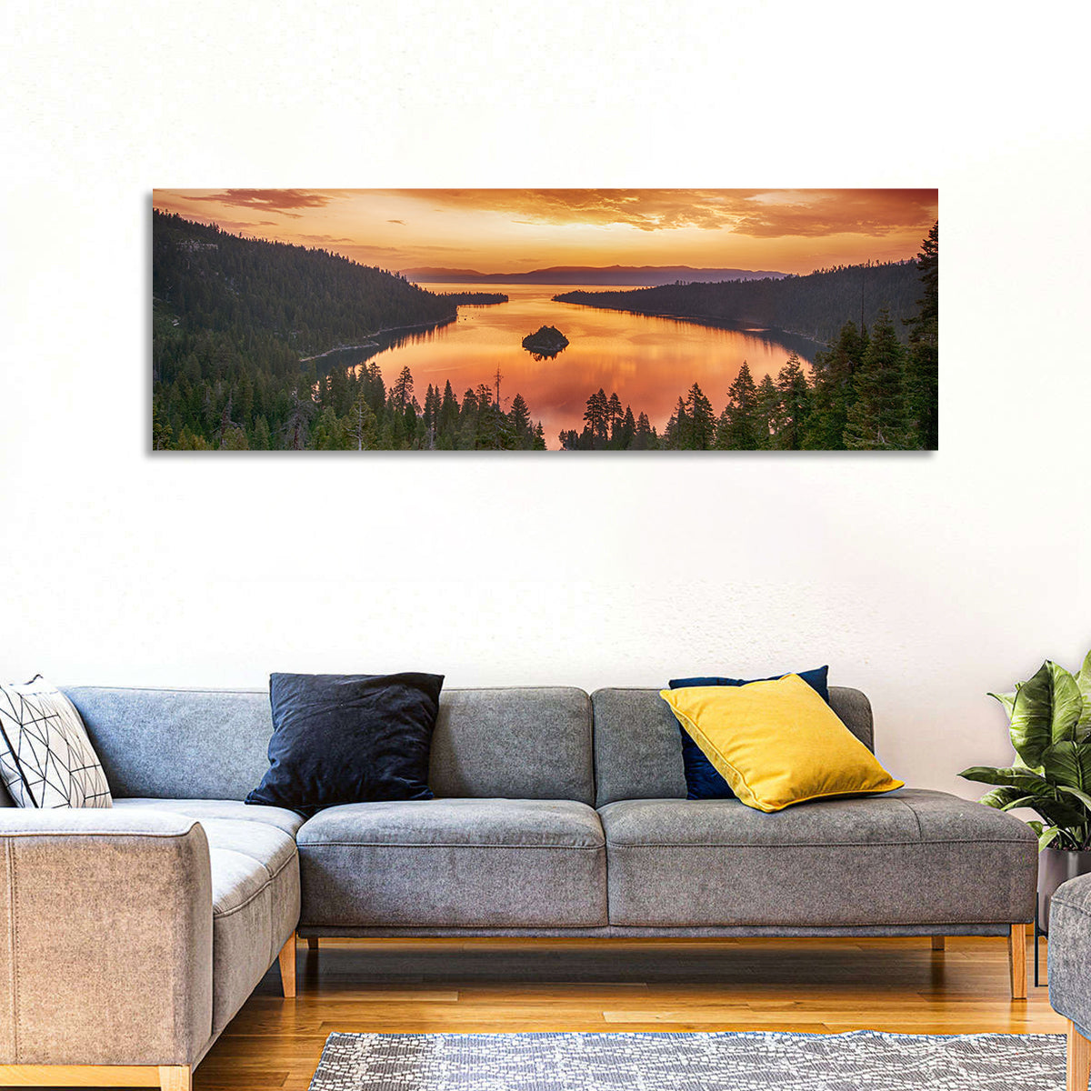 Emerald Bay Sunrise, Lake Tahoe Wall Art in a room, panoramic