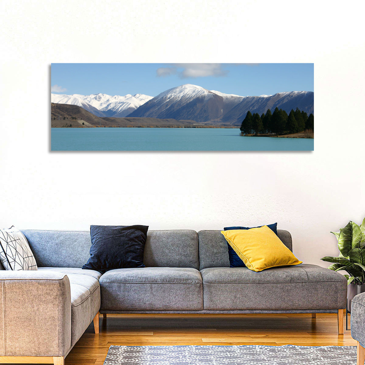 Turquoise Lake Pukaki Wall Art in a room, panoramic