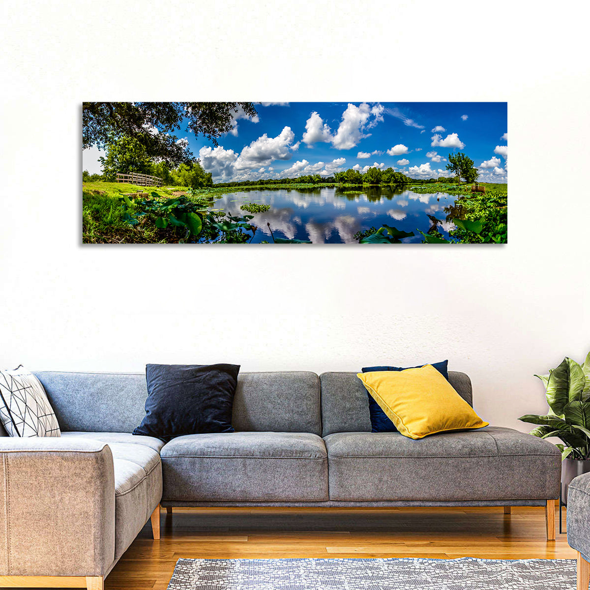 Brazos Bend Lake Reflection Wall Art in a room, panoramic
