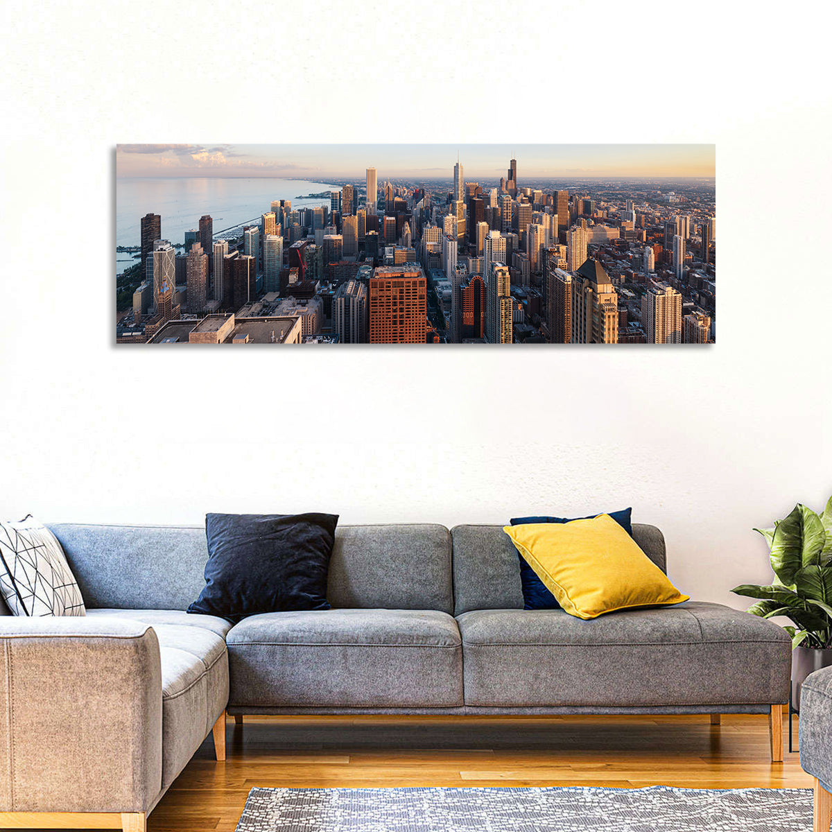 Chicago Skyline at Golden Hour Wall Art in a room, panoramic