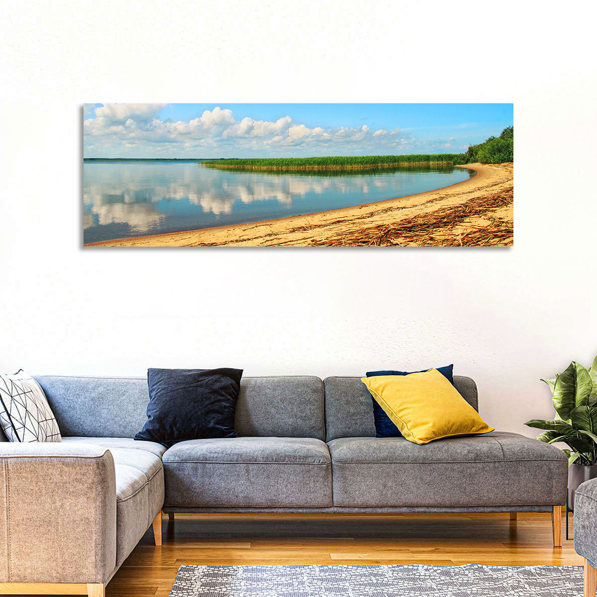 Lake Pskov Shoreline Wall Art in a room, panoramic