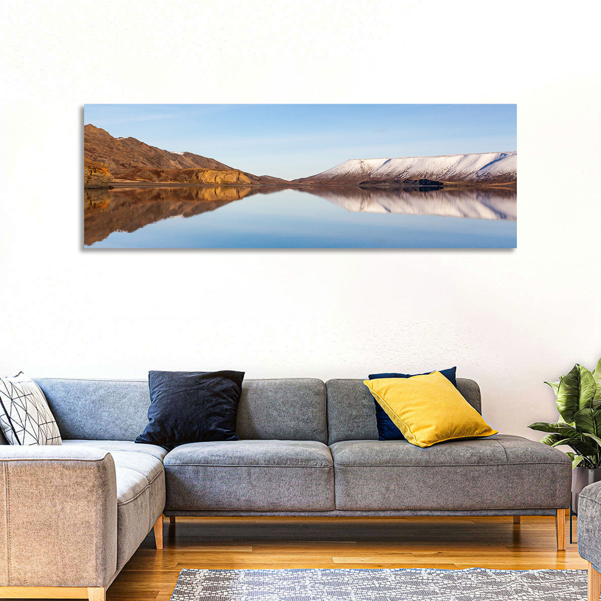Lake Kleifarvatn Reflection Wall Art in a room, panoramic